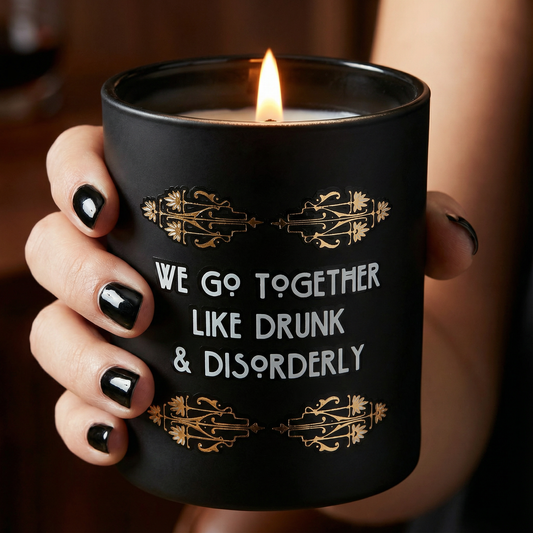 Gin Scented Art Deco Soy Candle | We Go Together Like Drunk And Disorderly Jar Candle | Gold Accents Matte Black Glass | 35hrs Burn Time