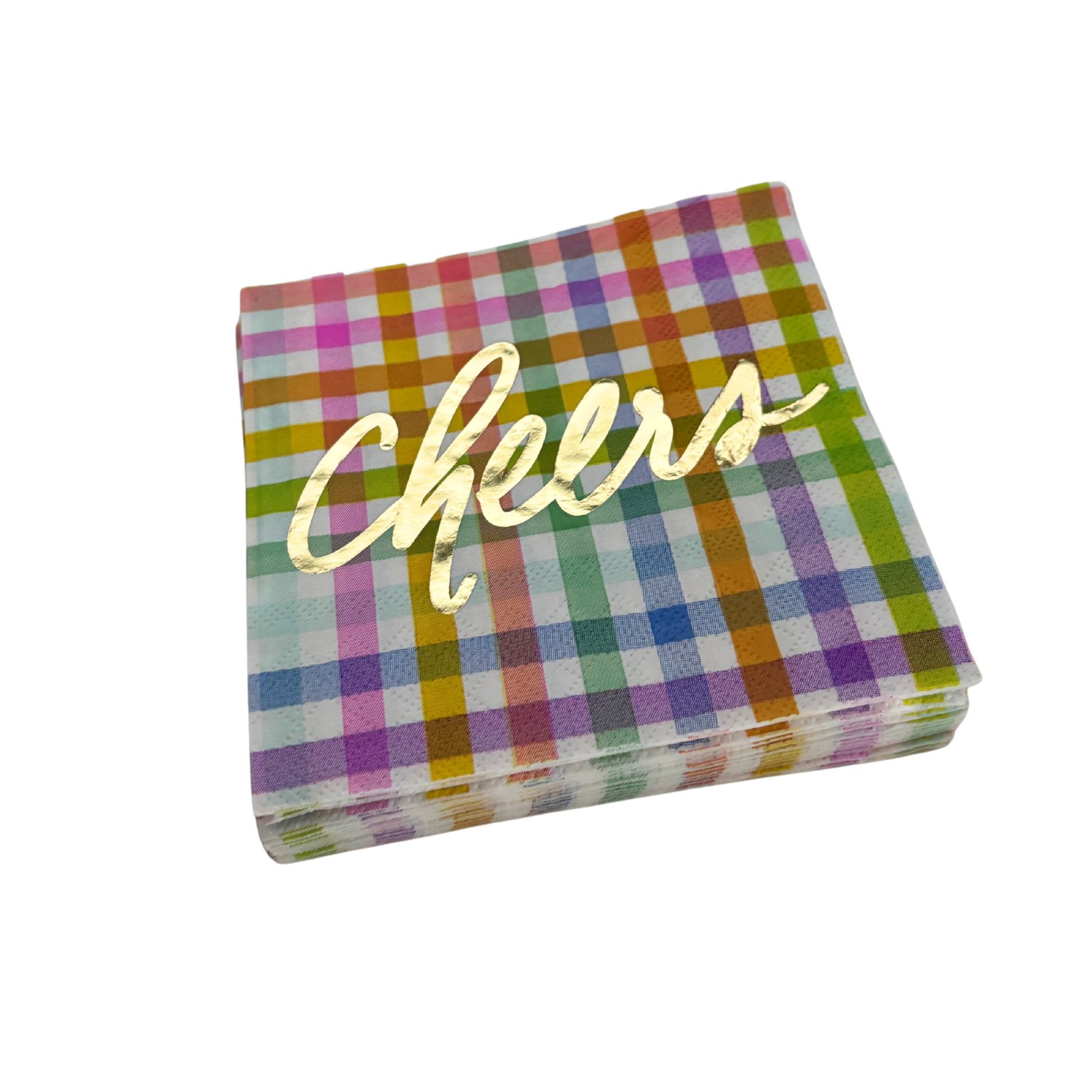 Gingham Cheers Foil Beverage Napkins | Cocktail Party Napkin | 5" Square