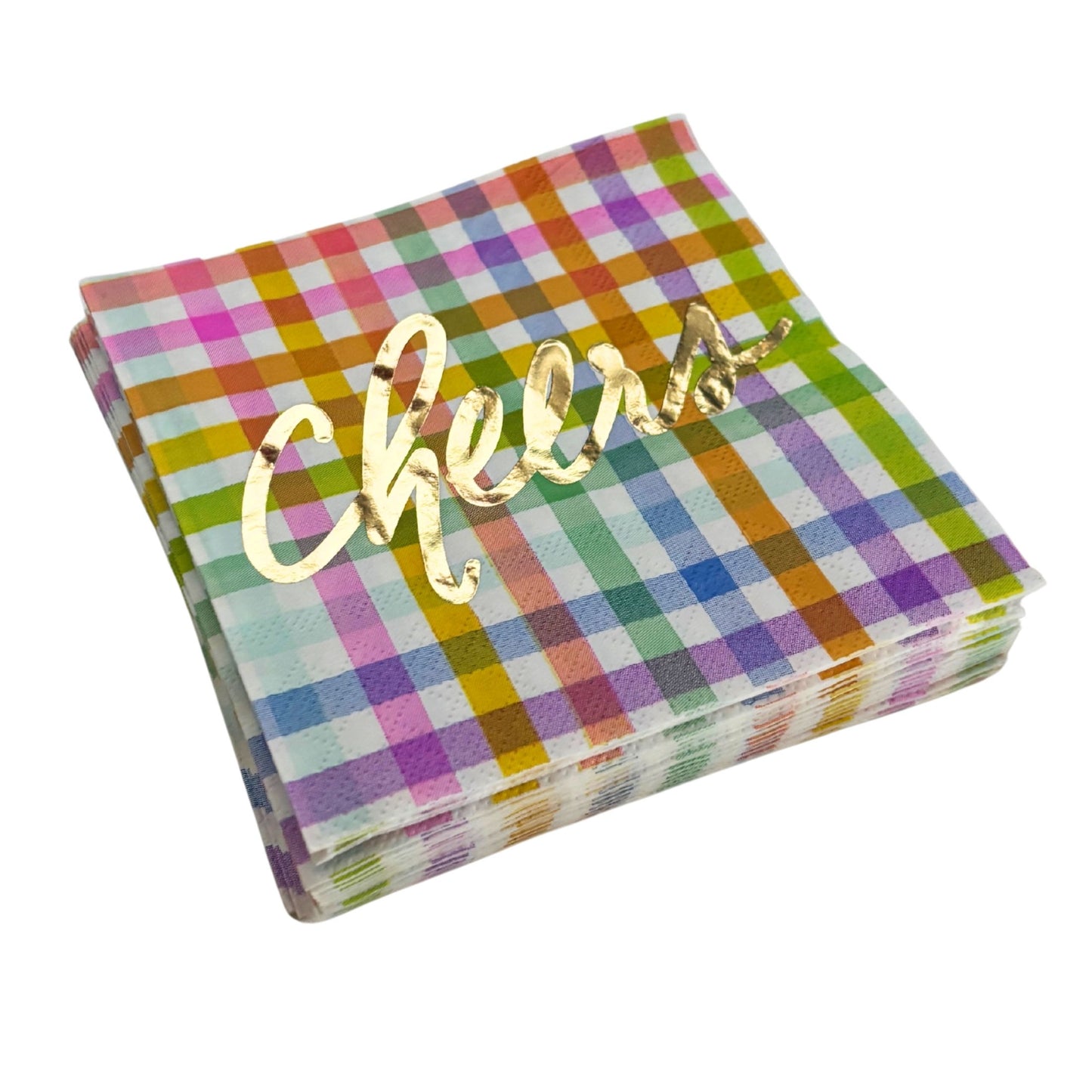 Gingham Cheers Foil Beverage Napkins | Cocktail Party Napkin | 5" Square