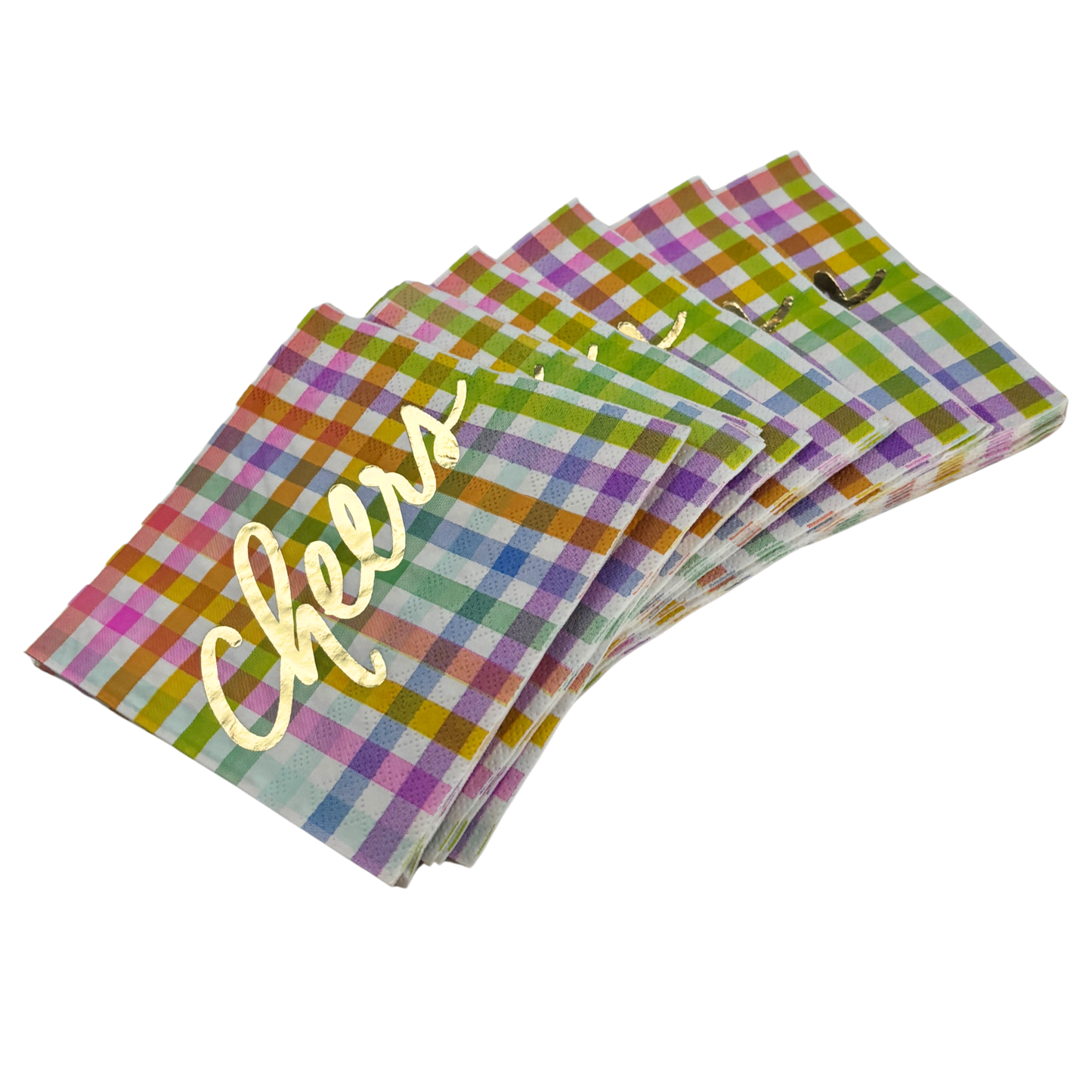 Gingham Cheers Foil Beverage Napkins | Cocktail Party Napkin | 5" Square