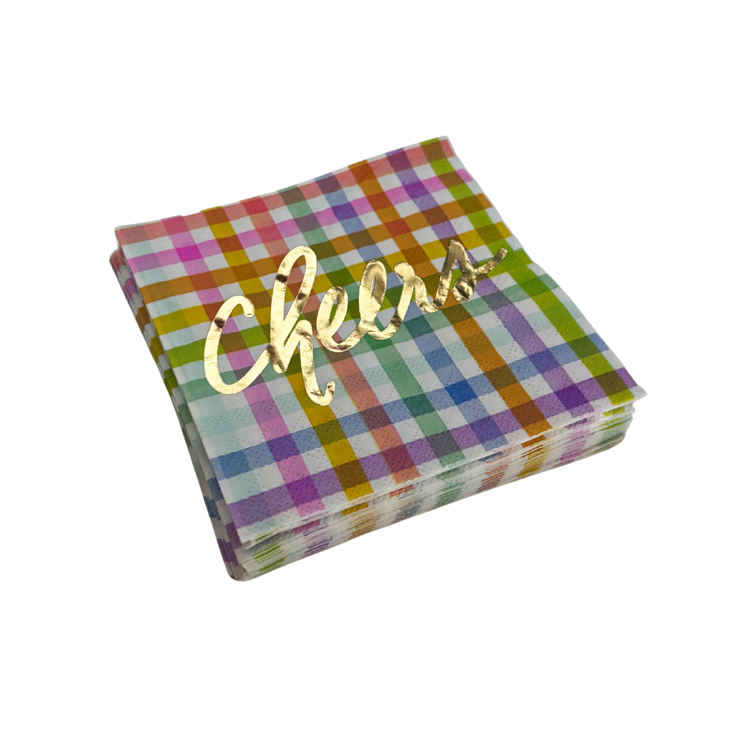Gingham Cheers Foil Beverage Napkins | Cocktail Party Napkin | 5" Square