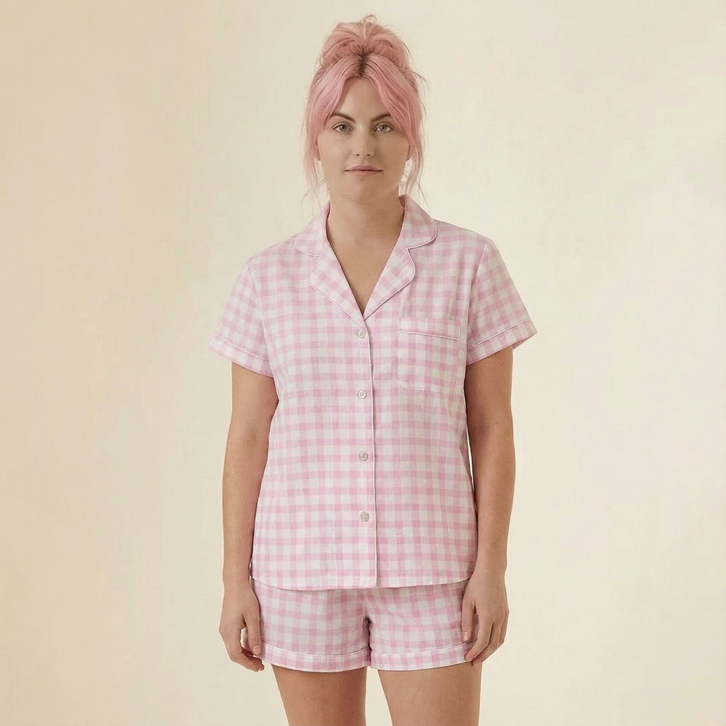 Gingham Pajamas Short Set in Pink | Button Top and Shorts Sleepwear [Sizes SM-L]