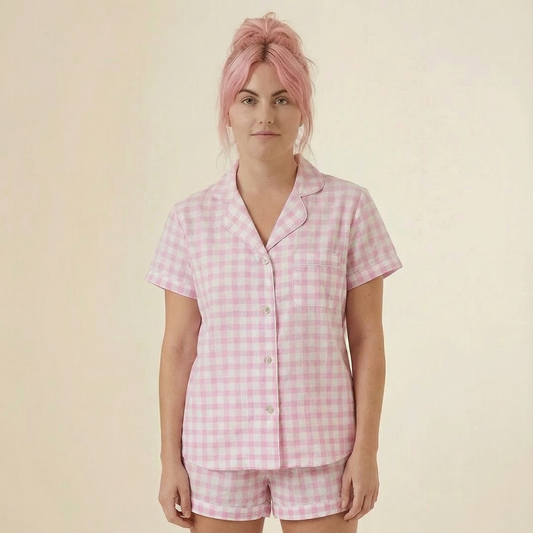 Gingham Pajamas Short Set in Pink | Button Top and Shorts Sleepwear [Sizes SM-L]
