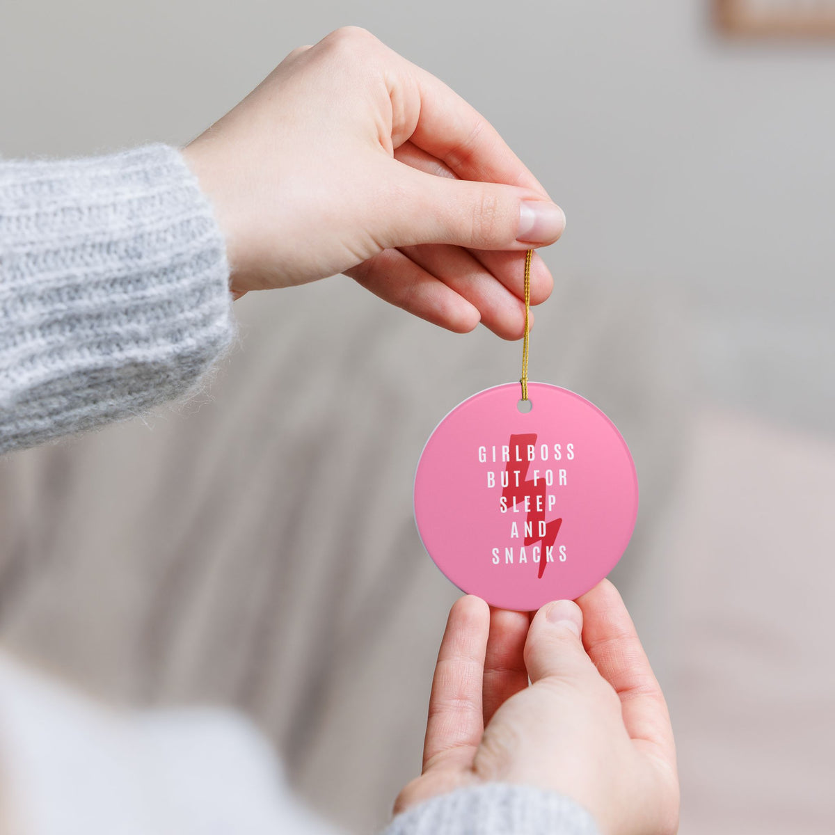 Girl Boss But For Sleep and Snacks Ceramic Ornament | Funny Lazy Girl Holiday Decor | Cozy Gift for Nappers & Snack Lovers