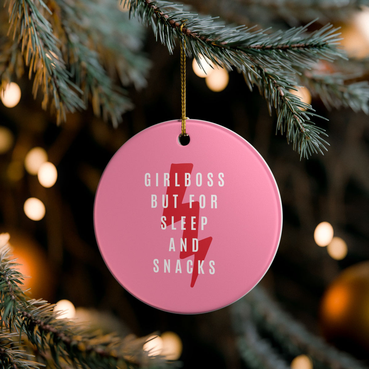 Girl Boss But For Sleep and Snacks Ceramic Ornament | Funny Lazy Girl Holiday Decor | Cozy Gift for Nappers & Snack Lovers