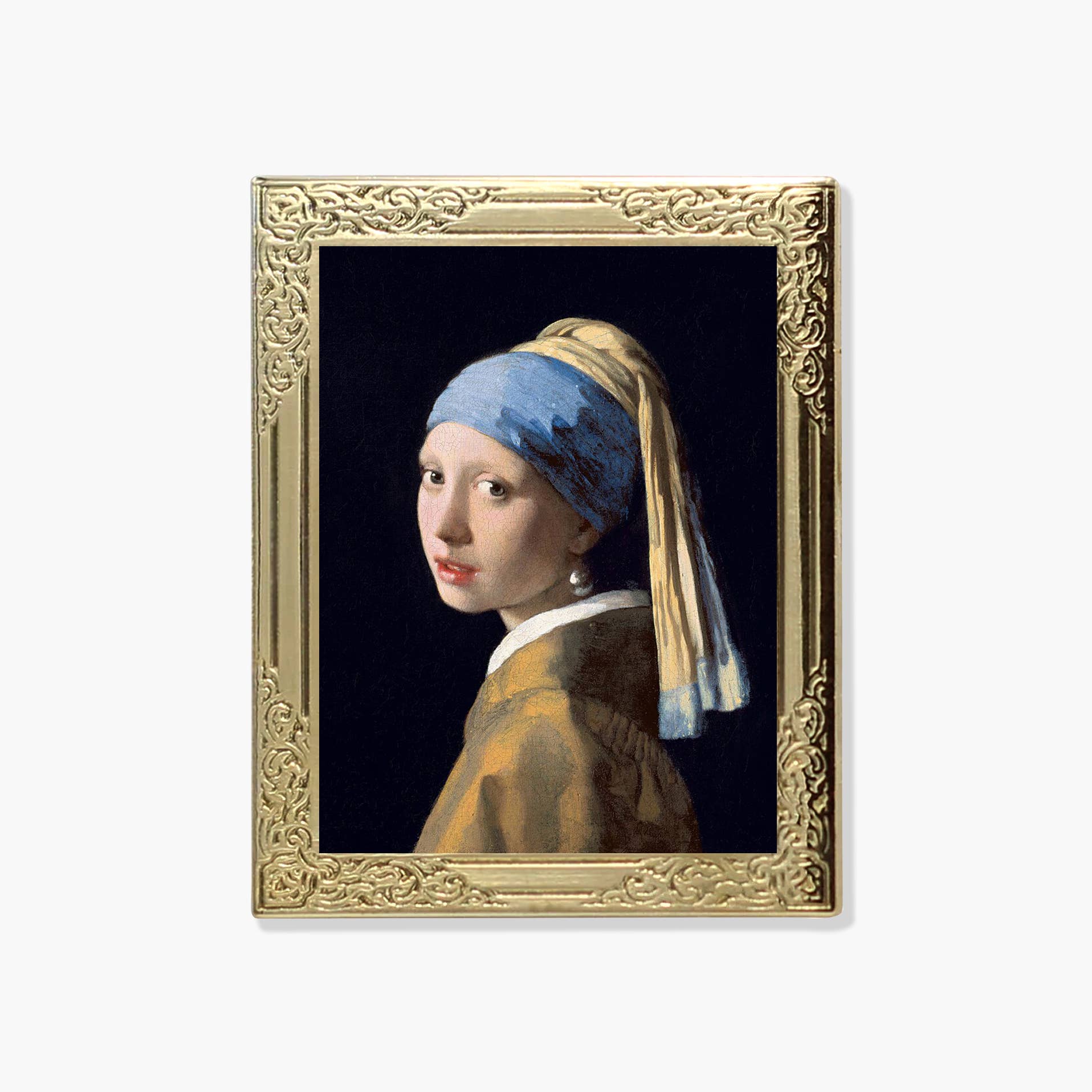 Lapel pin of a framed artwork resembling 'Girl with a Pearl Earring' by Johannes Vermeer 