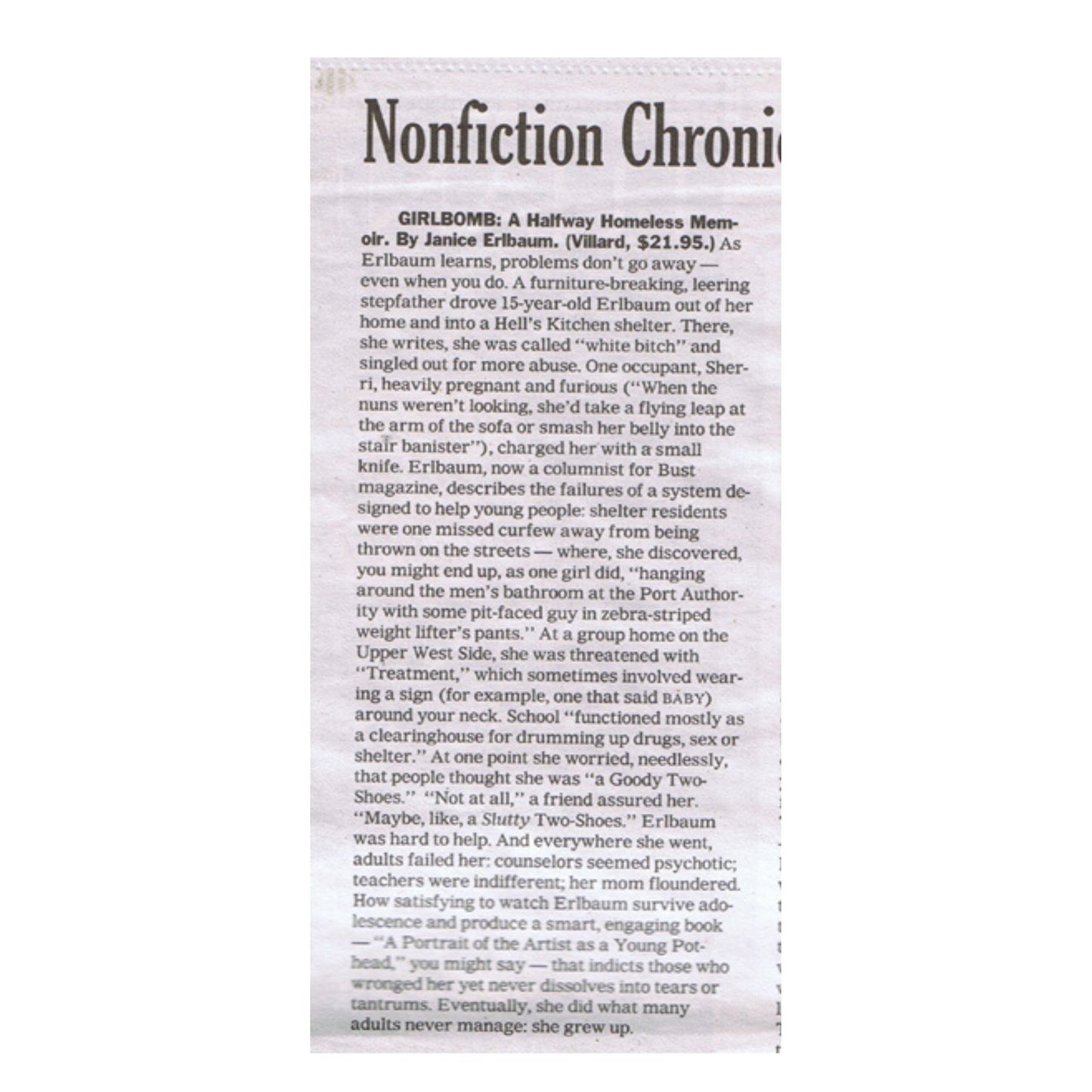 Newspaper clipping with text about a column titled 'Nonfiction Chronicles' on a white background