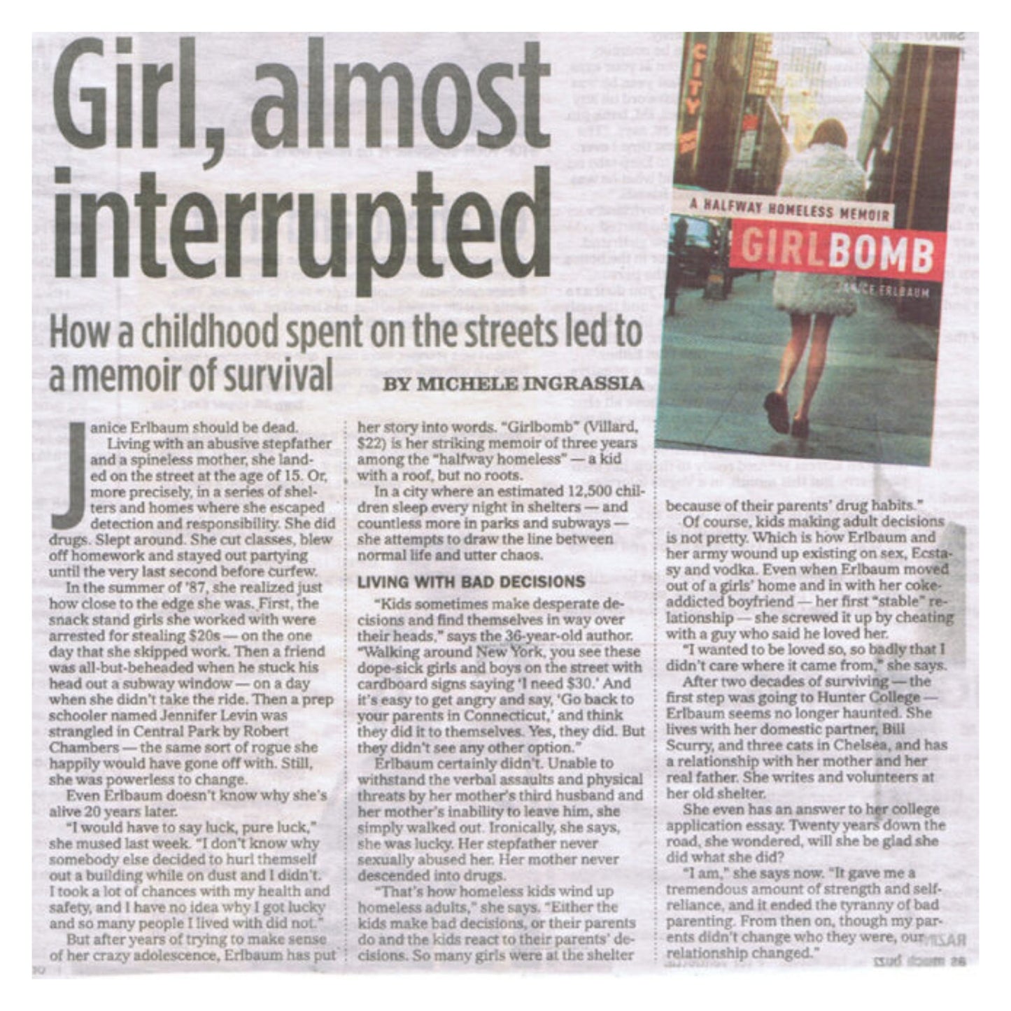 Newspaper article about a memoir titled 'Girl Bomb' with a photo of a girl walking.