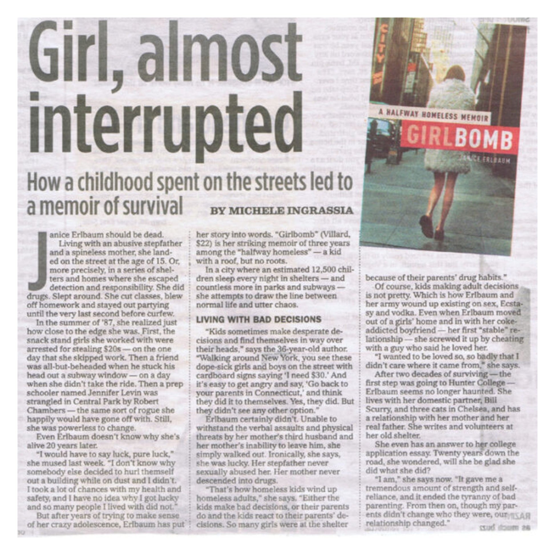 Newspaper article about a memoir titled 'Girl Bomb' with a photo of a girl walking.