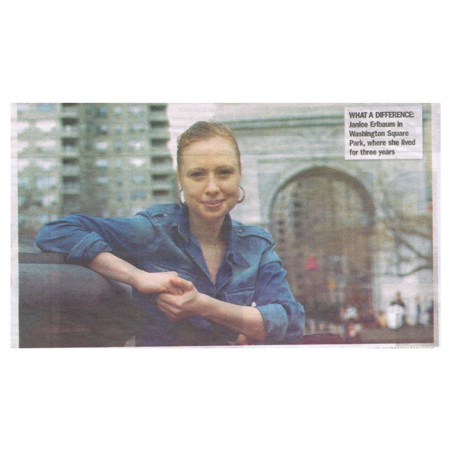 Janice Erlbaum in a blue shirt standing in front of a blurred background with text overlay.