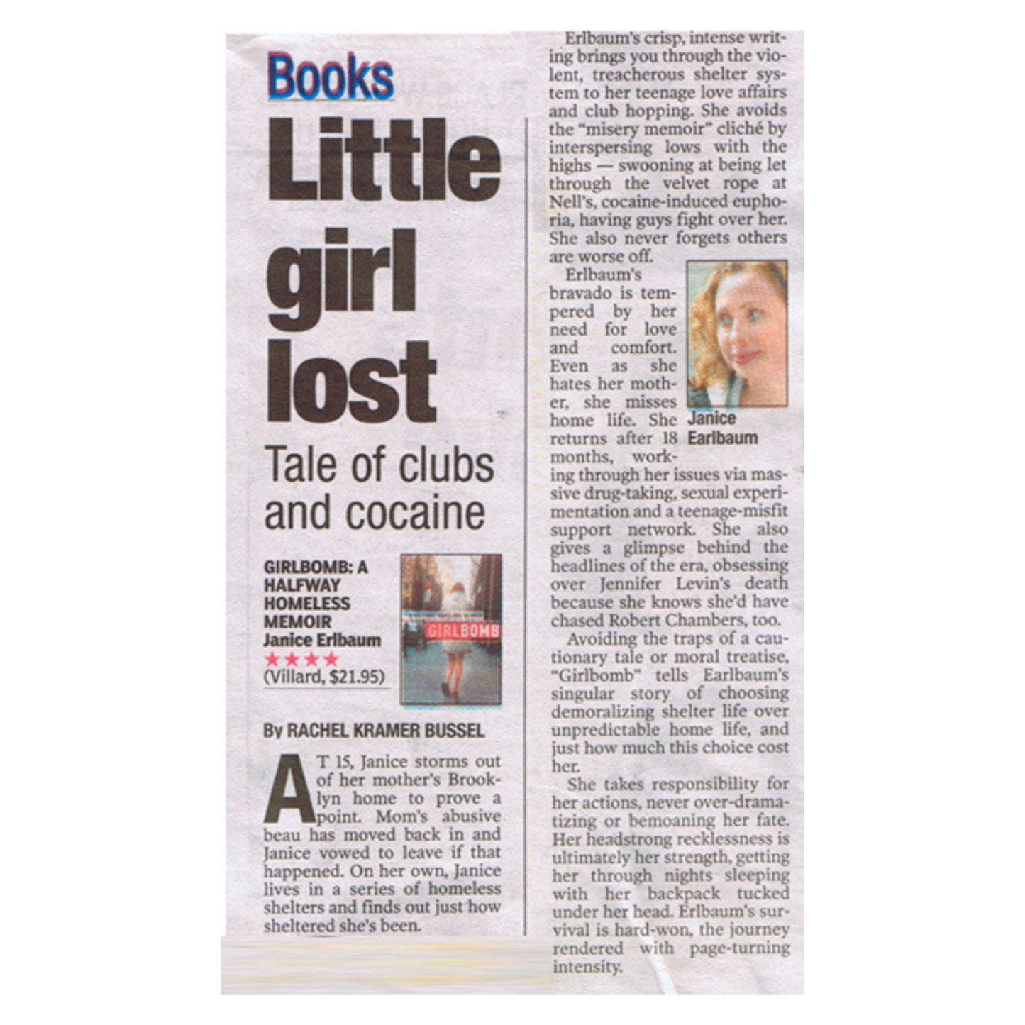 Newspaper article about a book titled 'Little Girl Lost' with a photo of Janice Erlbaum