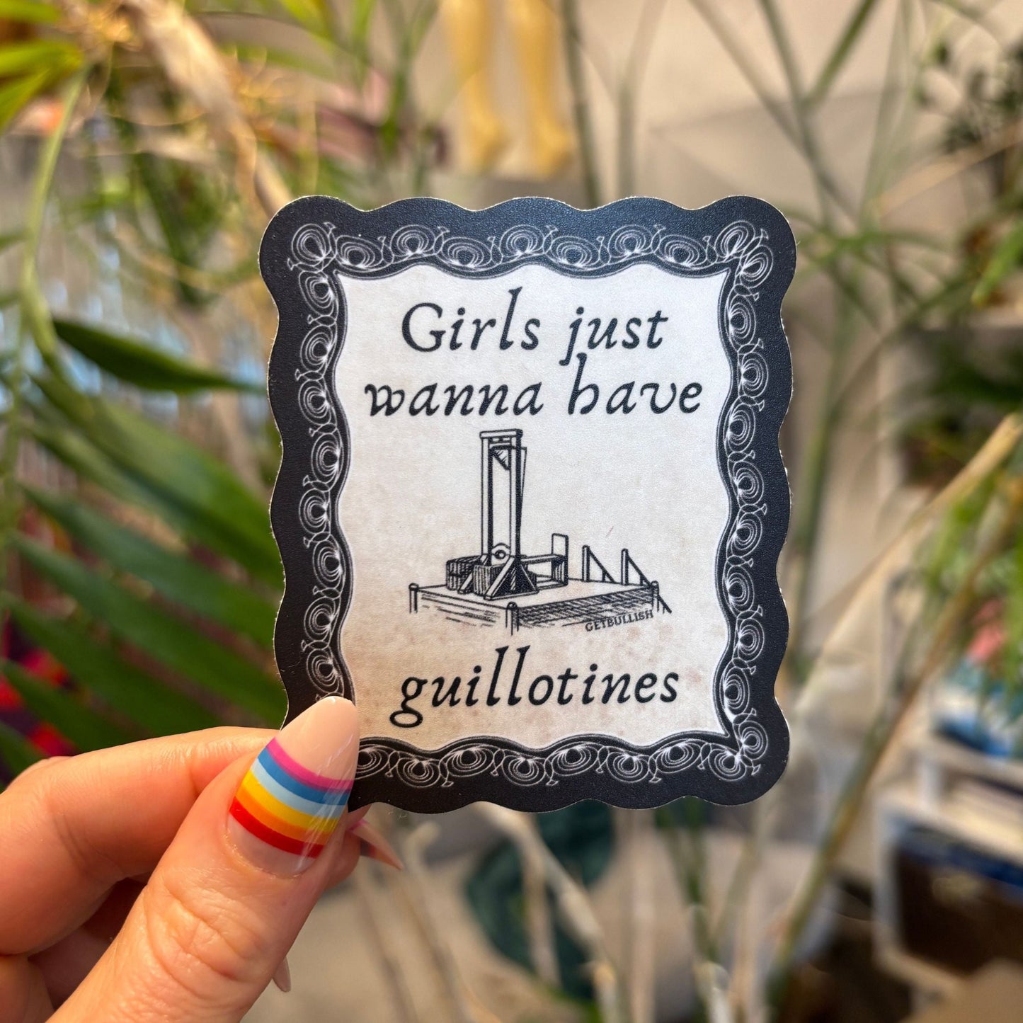 Girls Just Wanna Have Guillotines Beheading Device Sticker | Feminist Vinyl Die Cut Decal
