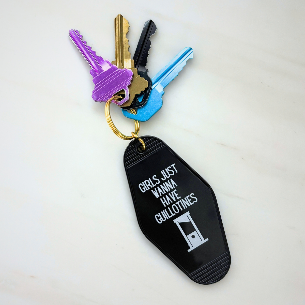 Girls Just Wanna Have Guillotines Motel Style Keychain in Black-GetBullish-The Bullish Store