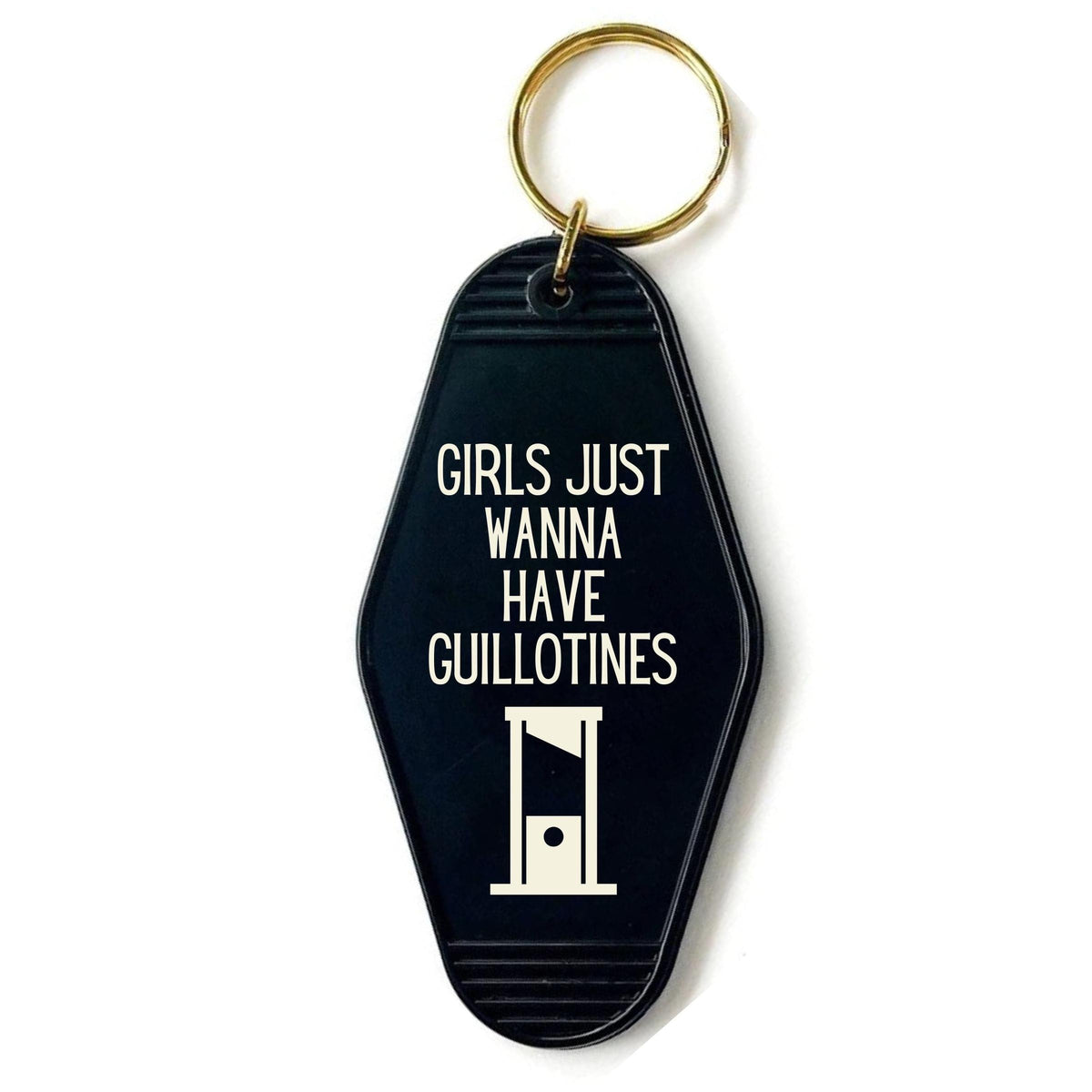 Black keychain with white text and guillotine illustration on a white background
