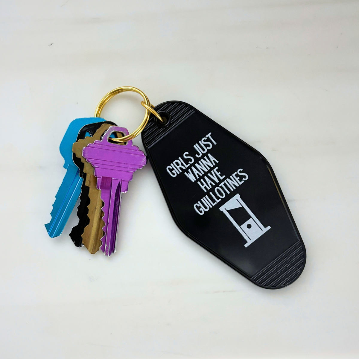 Girls Just Wanna Have Guillotines Motel Style Keychain in Black-GetBullish-The Bullish Store