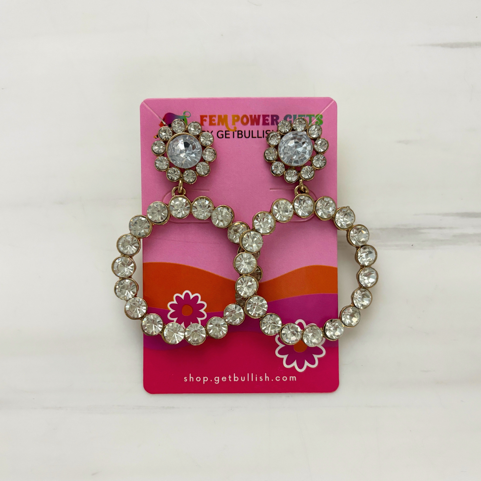 Glamour Forever Dangle Circle Earrings | Faux Diamond Flower & Circle | 2" Post | Gold or Silver