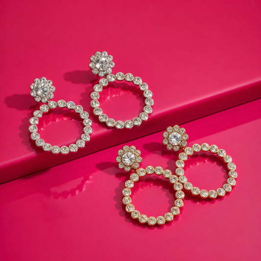 Glamour Forever Dangle Circle Earrings | Faux Diamond Flower & Circle | 2" Post | Gold or Silver