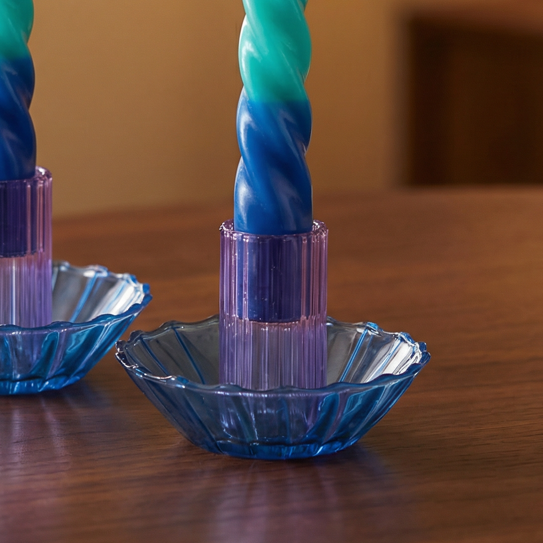 Glass Candle Holder in Blue-Purple | Aesthetic Candle Sticks Holder in Tinted Glass | 3.5"