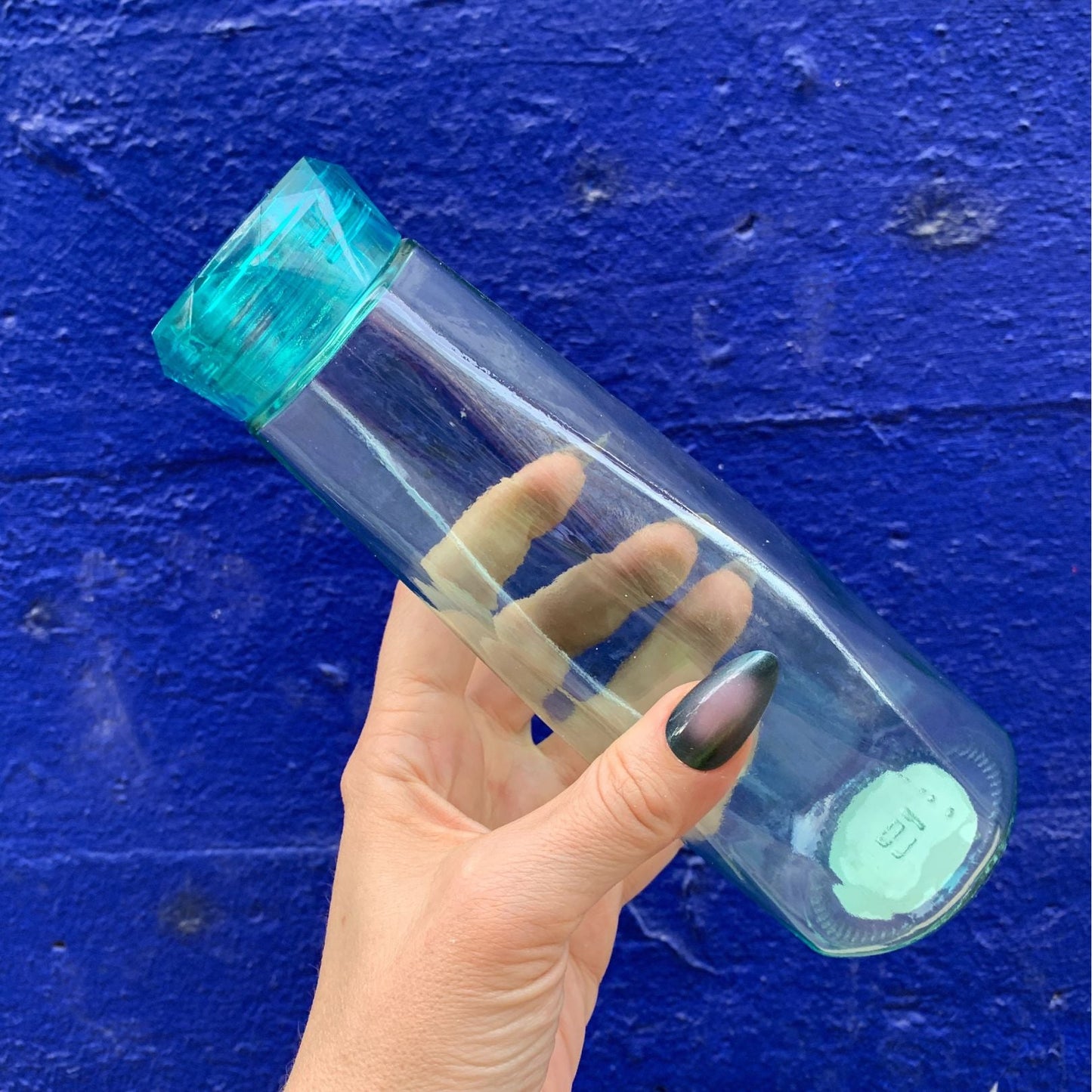 Glass Gem Water Bottle in Aqua Blue | 16 oz | Faceted Glass Diamond Shape