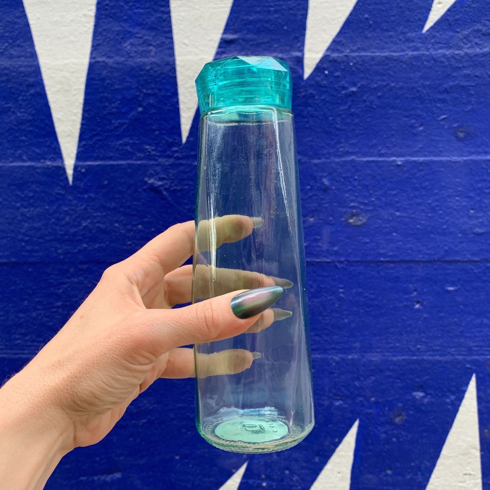 Glass Gem Water Bottle in Aqua Blue | 16 oz | Faceted Glass Diamond Shape