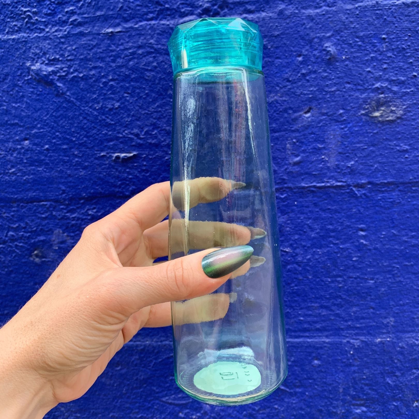 Glass Gem Water Bottle in Aqua Blue | 16 oz | Faceted Glass Diamond Shape