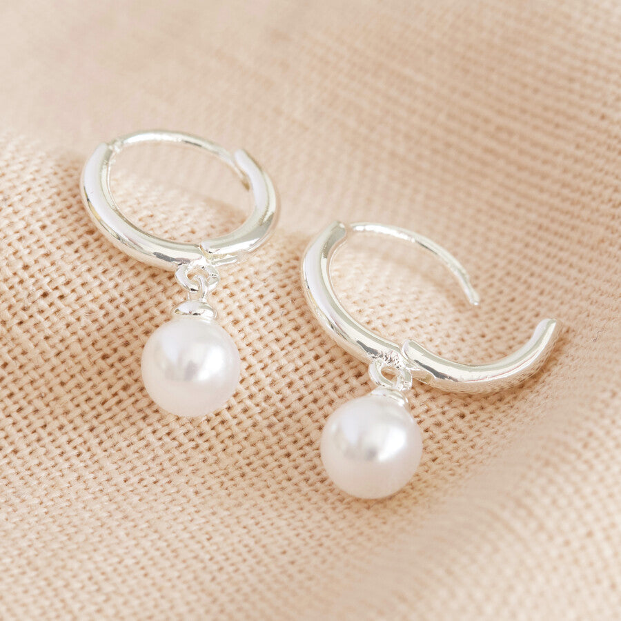 Glass Pearl Huggie Hoop Earrings in Silver | Designed in the UK | Sterling Silver Plated