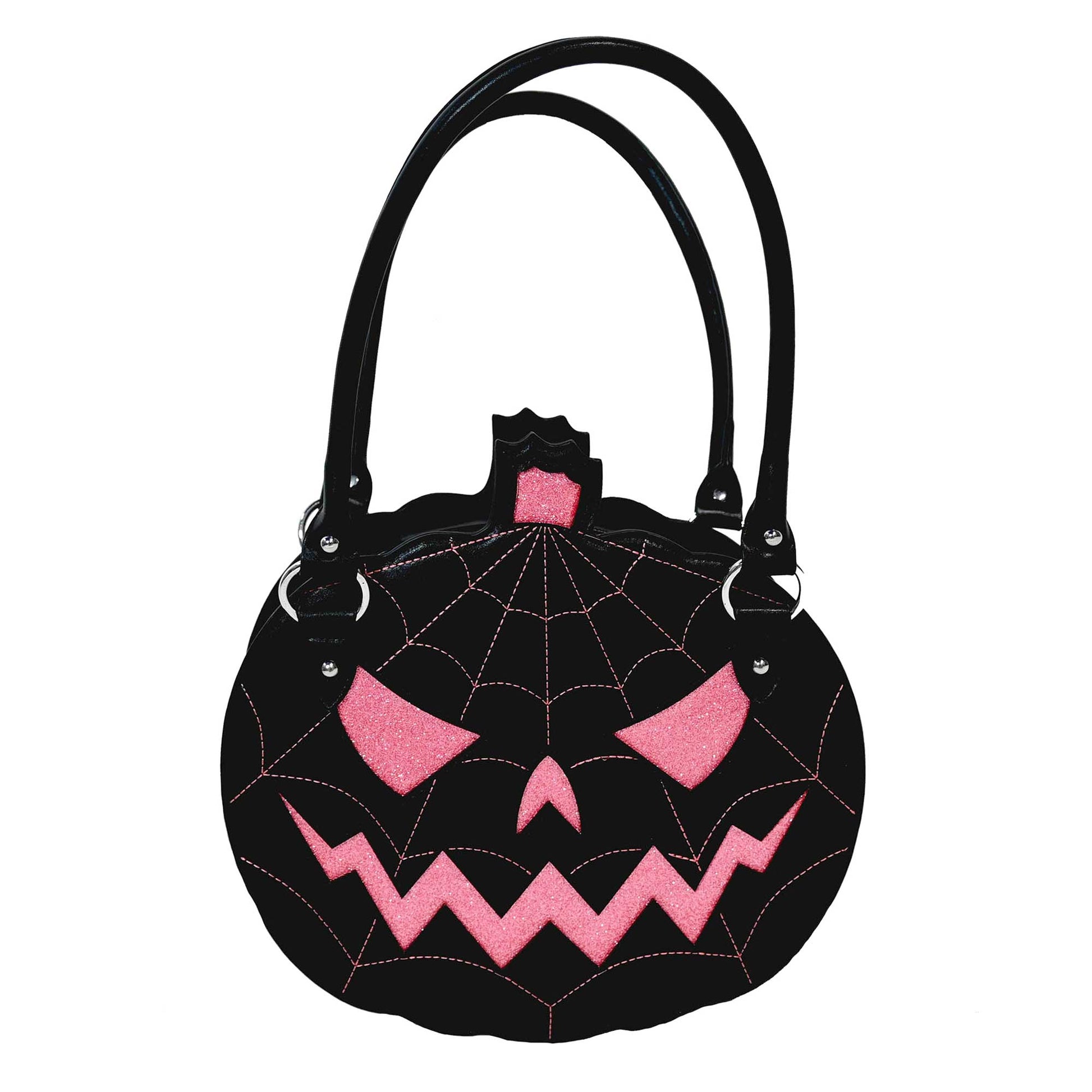 Glitter Pumpkin Purse in Black/Pink | Cute Spooky Hand Crossbody Bag | 12" x 12"