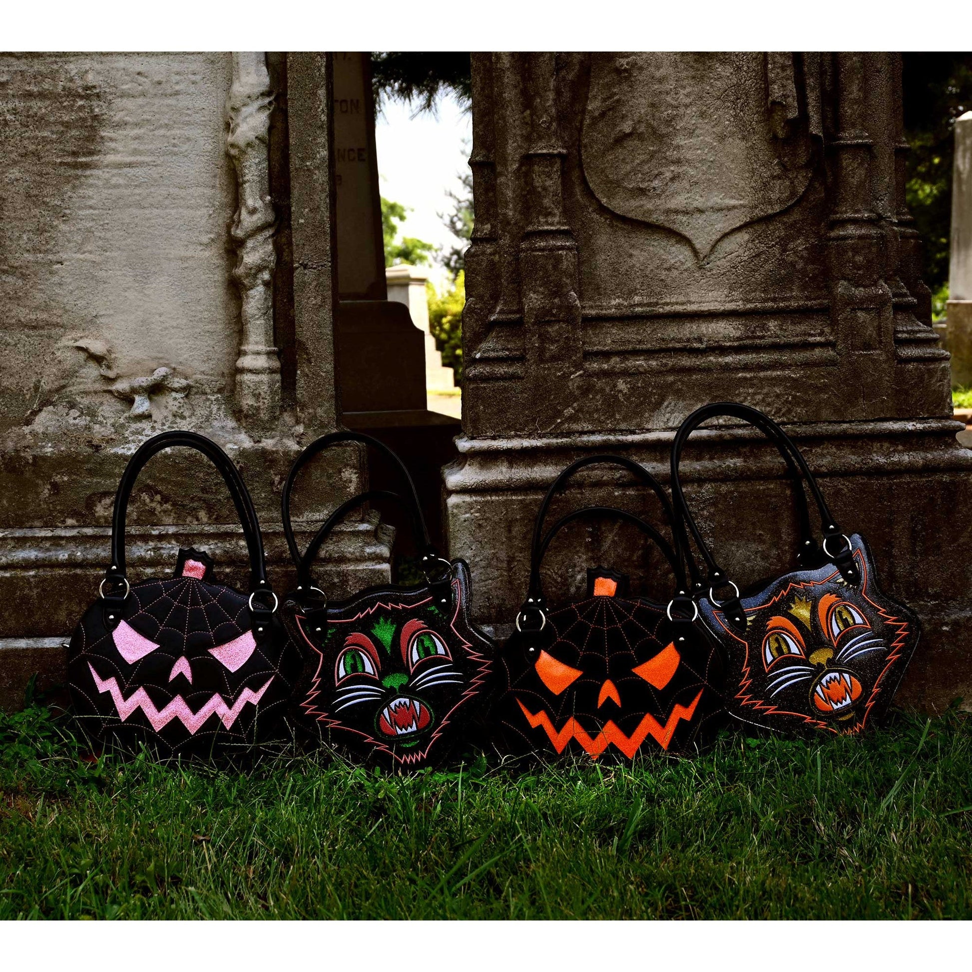 Glitter Pumpkin Purse in Black/Pink | Cute Spooky Hand Crossbody Bag | 12" x 12"