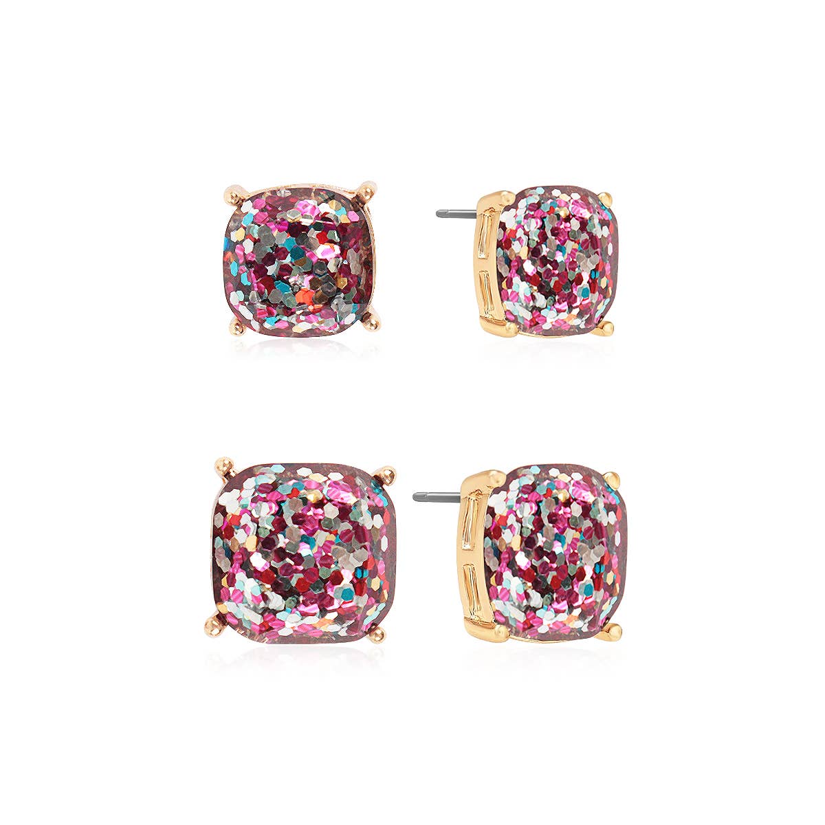 Glitter Square Cushion Cut Stud Earring Set in 2 Sizes - "Mom and Me" Gift Set