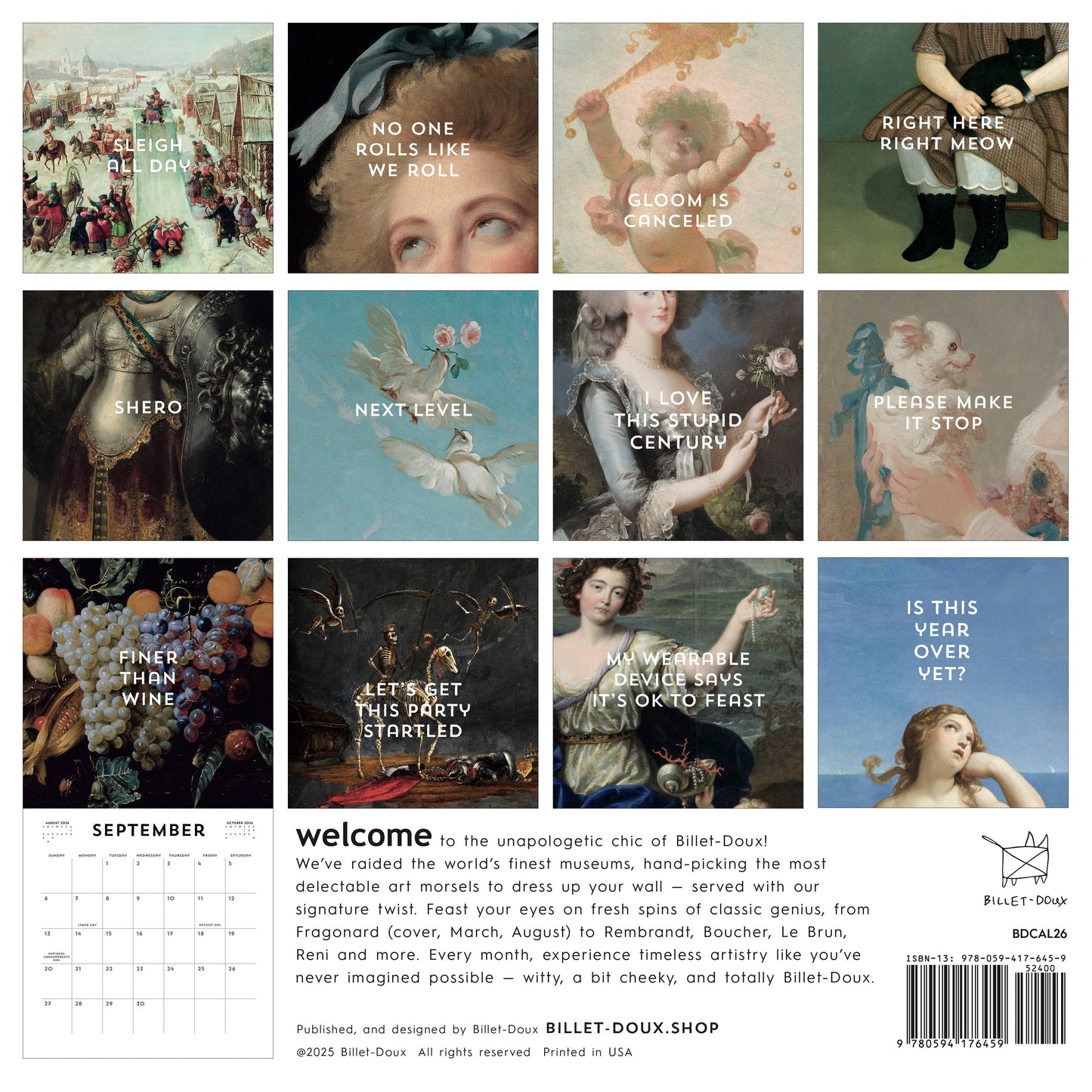 Gloom is Canceled 2026 Wall Calendar | Museums Arts Theme Billet-Doux 12 Month Calendar