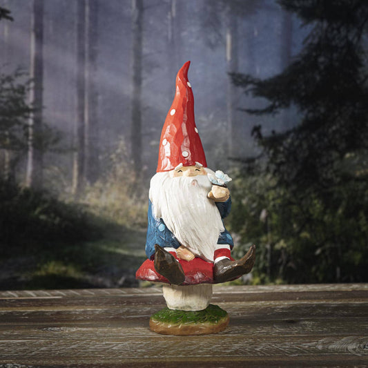 Gnome on Toadstool | Whimsical Indoor Outdoor Garden Decor | 10" Tall