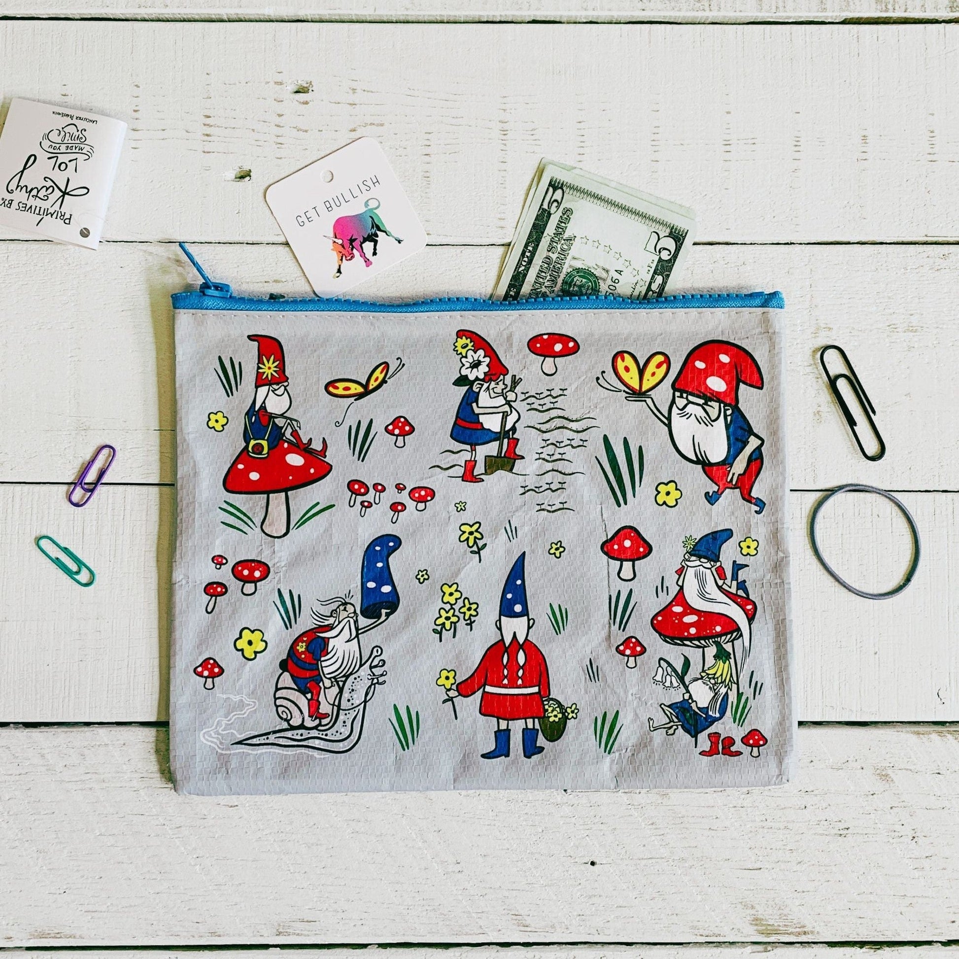 Gnomes Recycled Material Cute/Cool/Unique Zipper Pouch/Bag/Clutch/Cosmetic Bag | 9.5" x 7"