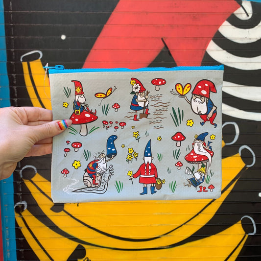 Gnomes Recycled Material Cute/Cool/Unique Zipper Pouch/Bag/Clutch/Cosmetic Bag | 9.5" x 7"