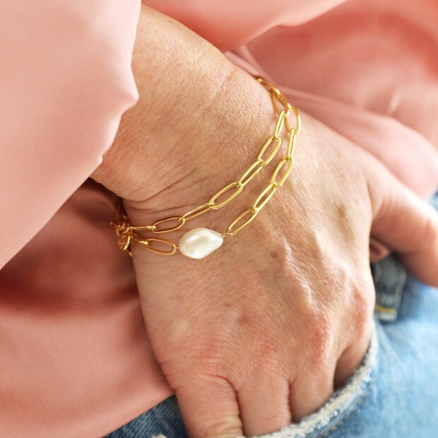 Gold Cable Chain and Pearl Bracelet | Designed in the UK | 14K Gold Plated