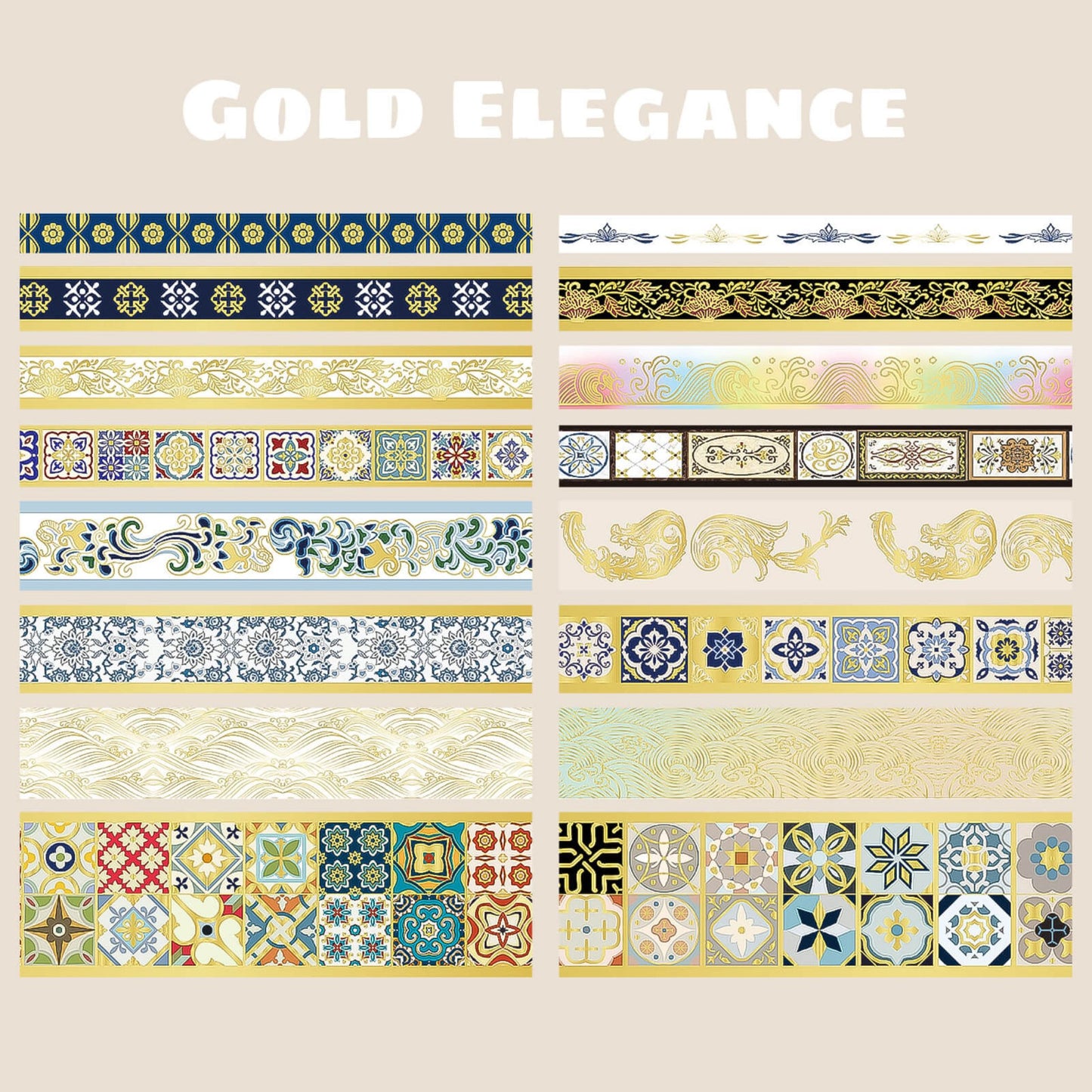 Gold Elegance Washi Tape Set | 16 Rolls Luxury Gold Foil Tapes for Journals, Planners & Scrapbooking