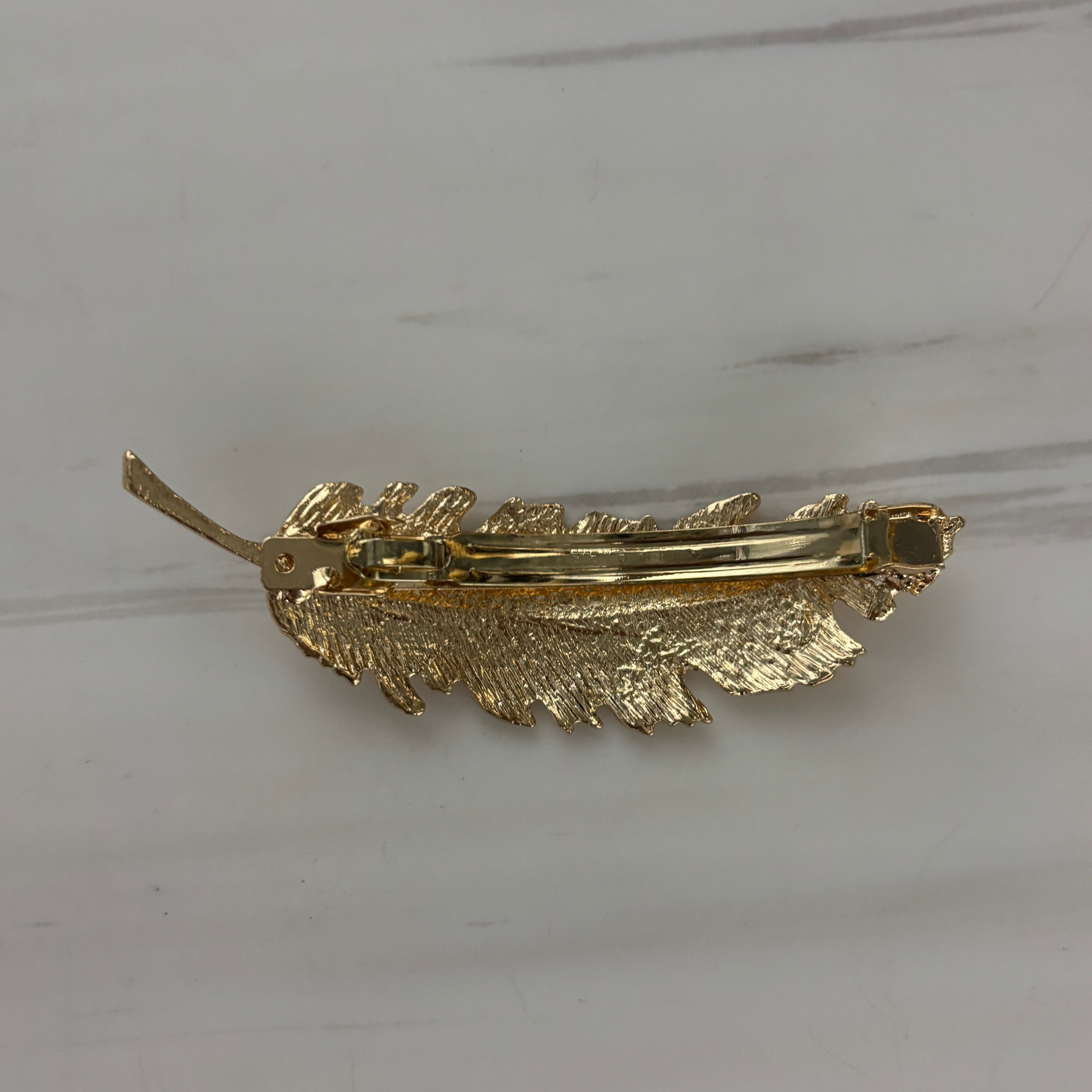 Gold Feather Barrette | Sculpted Metal Feather Hair Clip 3.8"