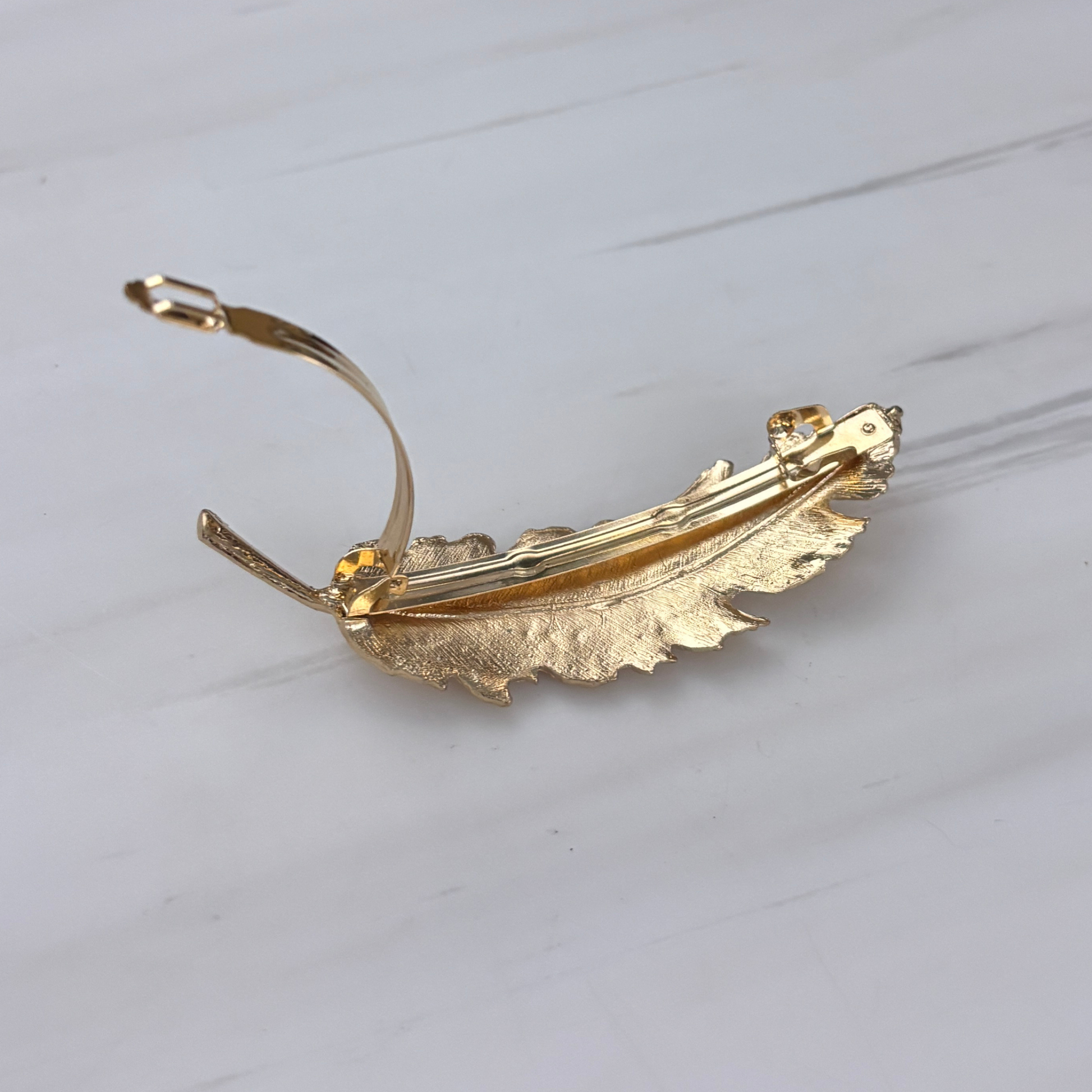 Gold Feather Barrette | Sculpted Metal Feather Hair Clip 3.8"