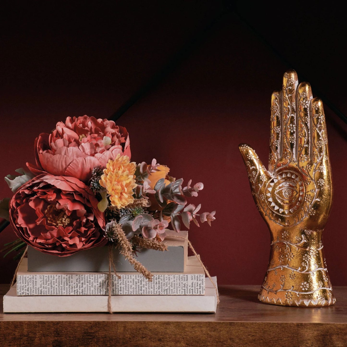 Gold Hamsa Hand Figurine | Decorative Resin Evil Eye Statue with Floral Detail | 10.25”