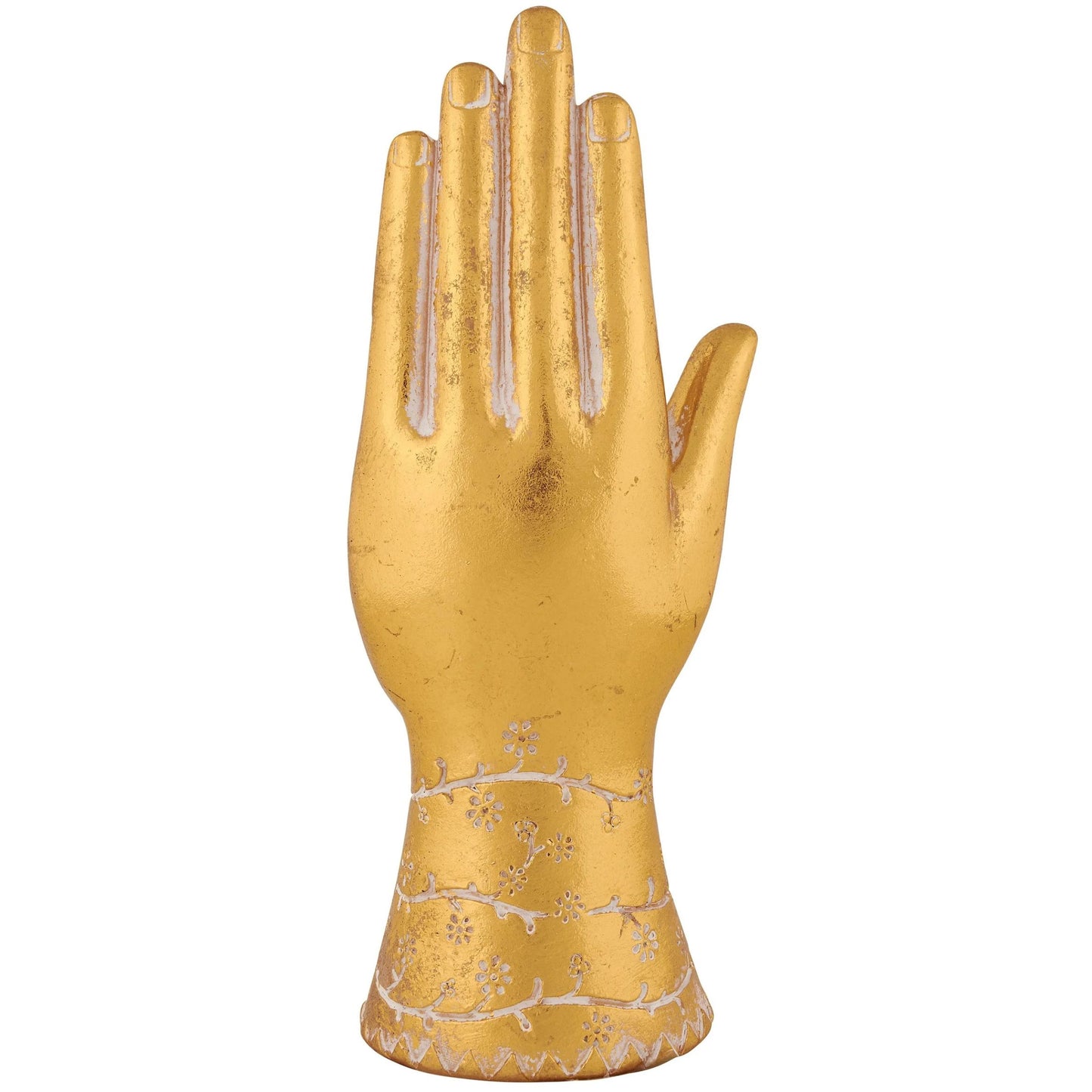 Gold Hamsa Hand Figurine | Decorative Resin Evil Eye Statue with Floral Detail | 10.25”