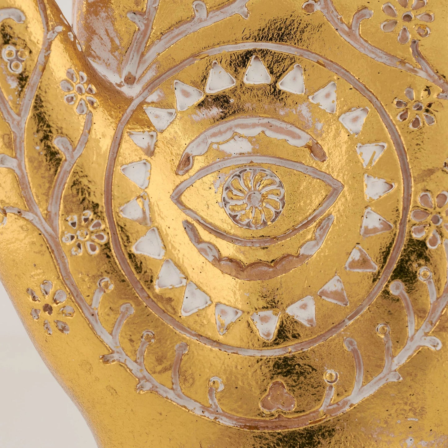 Gold Hamsa Hand Figurine | Decorative Resin Evil Eye Statue with Floral Detail | 10.25”