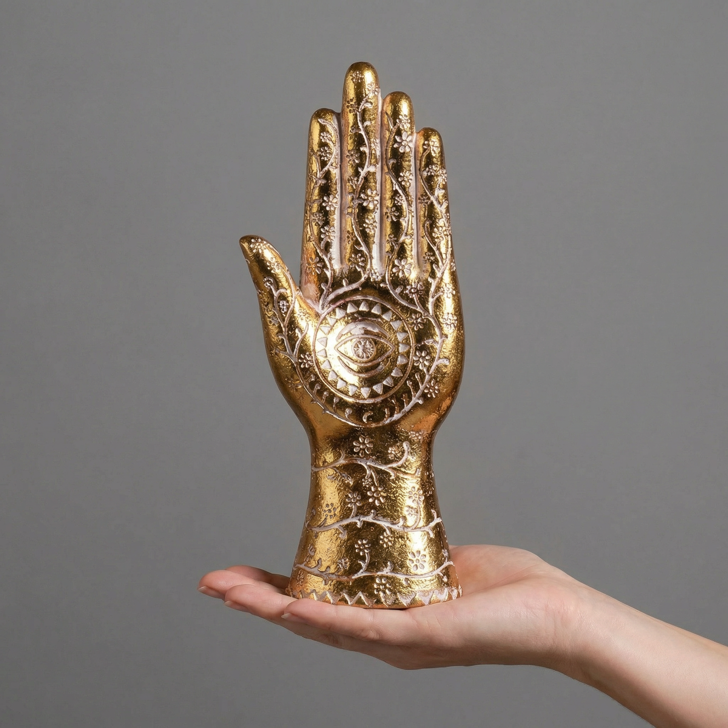 Gold Hamsa Hand Figurine | Decorative Resin Evil Eye Statue with Floral Detail | 10.25”