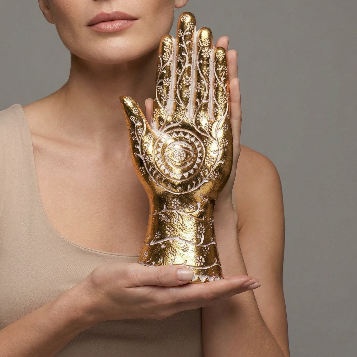 Gold Hamsa Hand Figurine | Decorative Resin Evil Eye Statue with Floral Detail | 10.25”