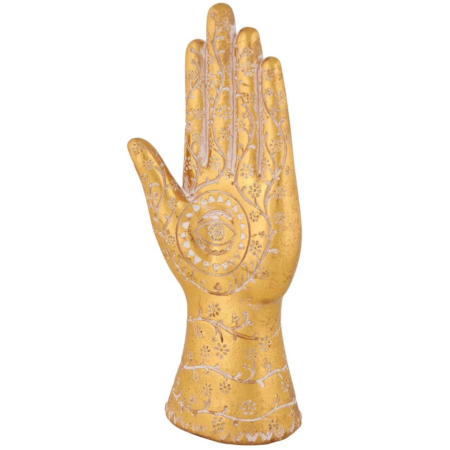 Gold Hamsa Hand Figurine | Decorative Resin Evil Eye Statue with Floral Detail | 10.25”