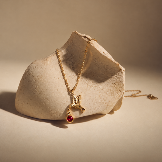 Gold Hummingbird Pendant Necklace | Red Rhinestone Accent-The Pretty Jewellery-The Bullish Store