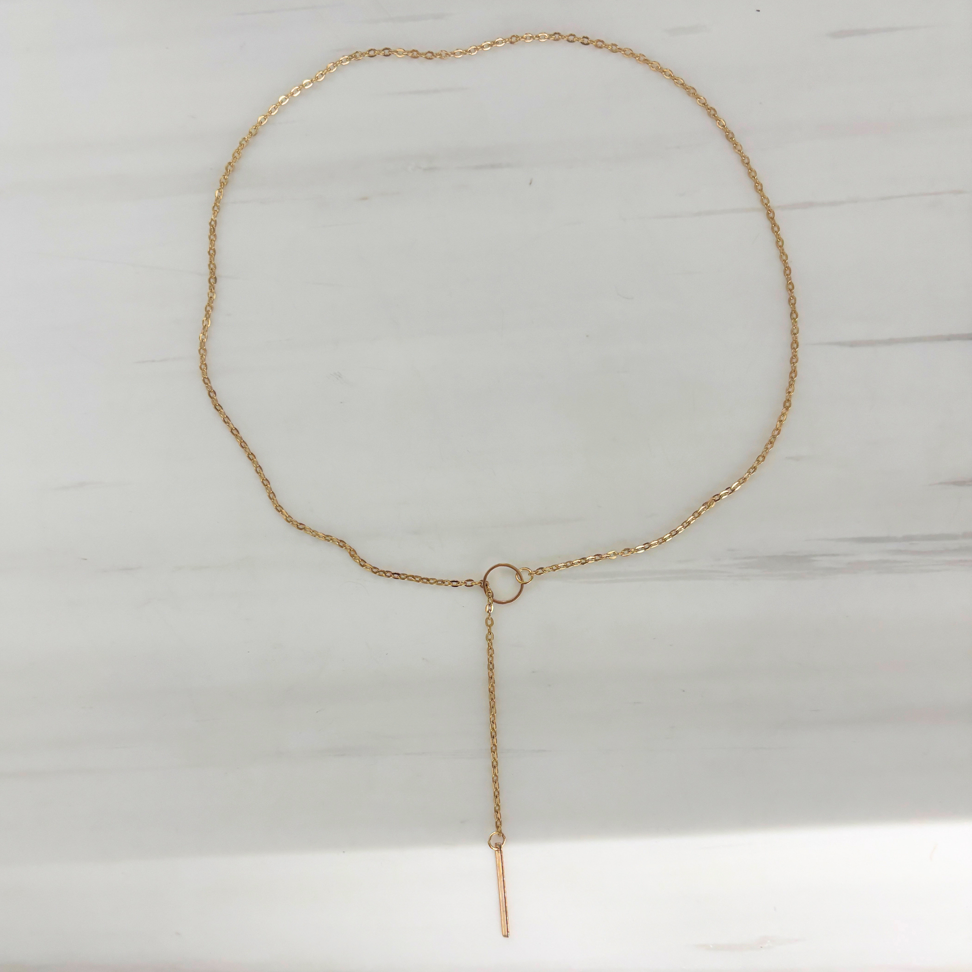 Gold Lariat Minimalist Bar Necklace | Fine Gold Chain with Bar Pendant | Everyday Dainty-Paper & Quartz-The Bullish Store