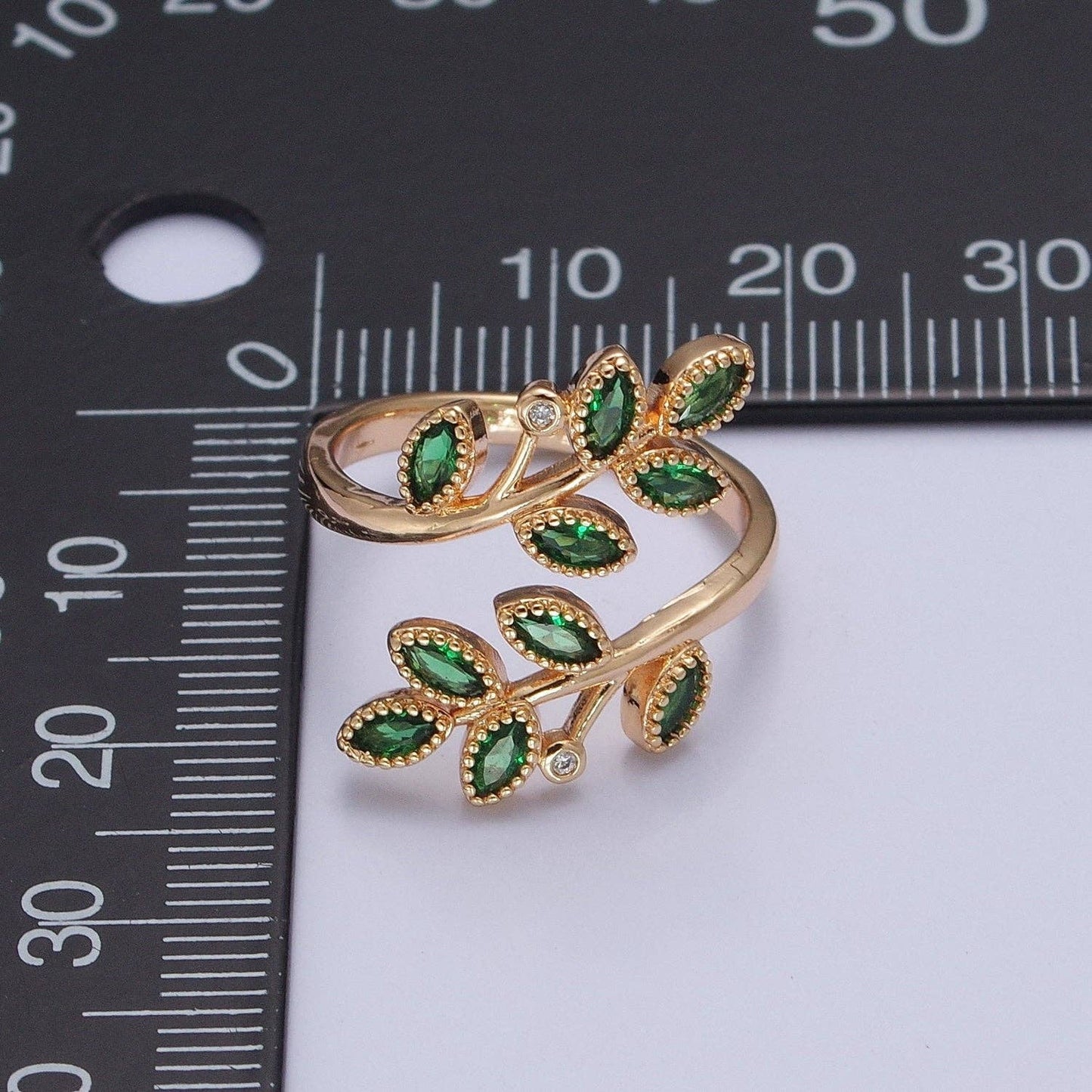 Gold Olive Leaf Ring | Green Pave Adjustable Leaf Ring | 24K Gold Filled Nature Jewelry