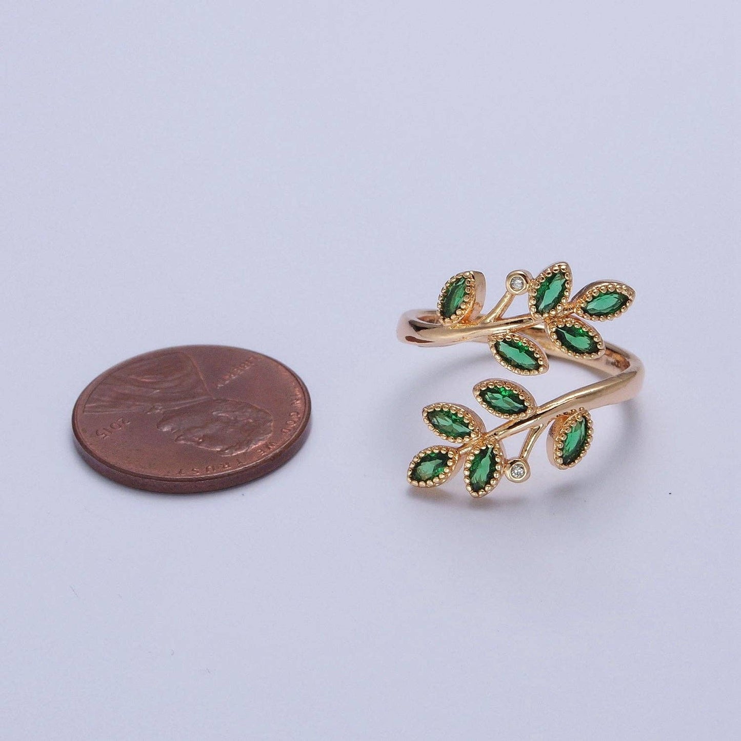 Gold Olive Leaf Ring | Green Pave Adjustable Leaf Ring | 24K Gold Filled Nature Jewelry