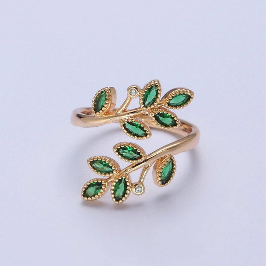 Gold Olive Leaf Ring | Green Pave Adjustable Leaf Ring | 24K Gold Filled Nature Jewelry