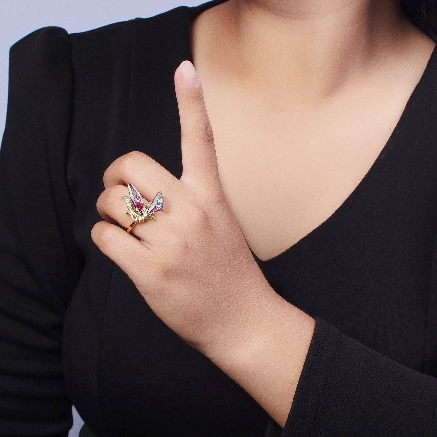 Gold Plated Butterfly Fairy Ring | Micro Paved Antenna, Adjustable Band