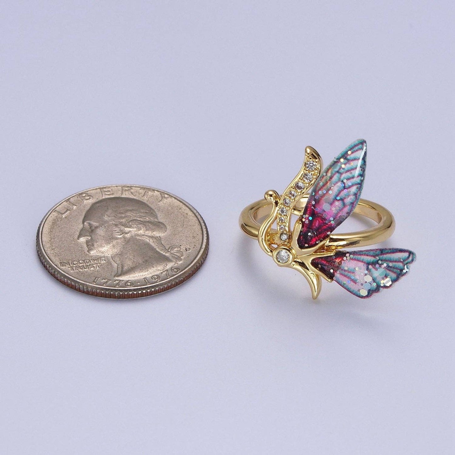 Gold Plated Butterfly Fairy Ring | Micro Paved Antenna, Adjustable Band